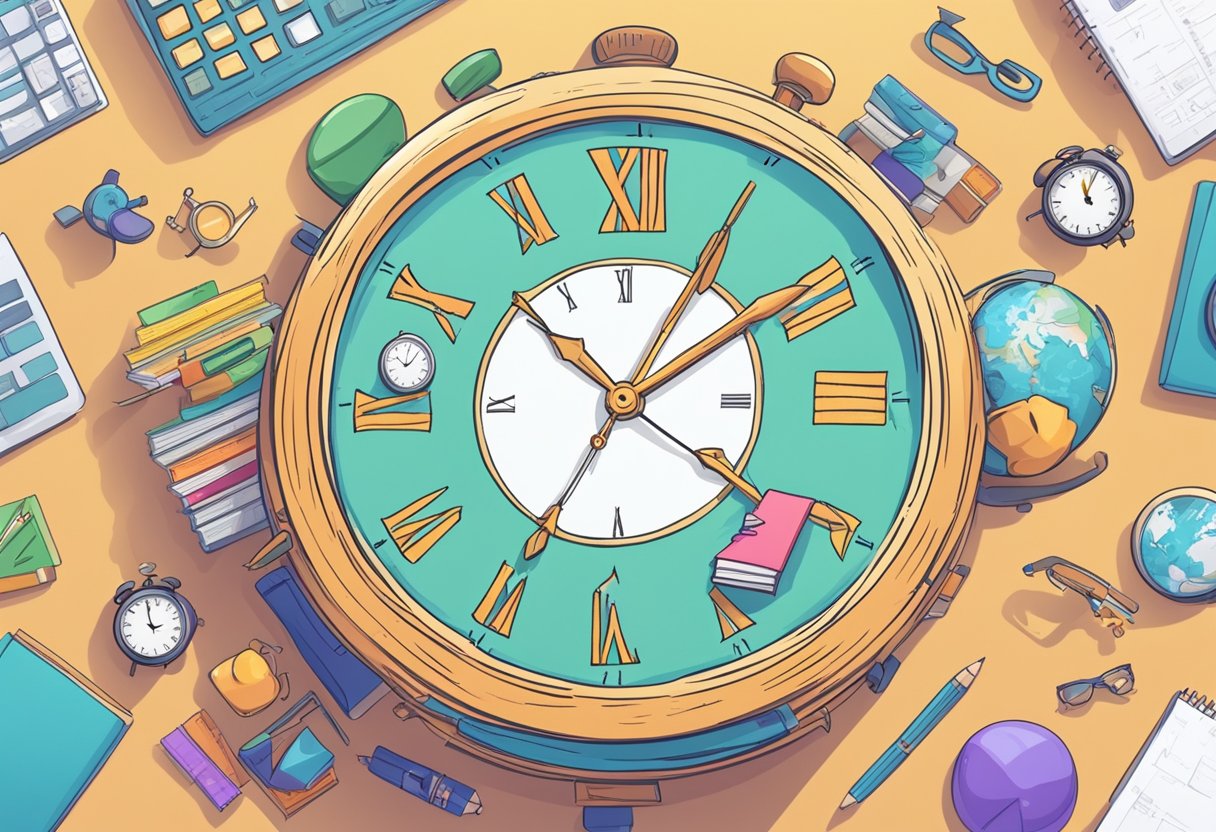 A clock with hands moving to different time settings, surrounded by school-related objects and stages of education