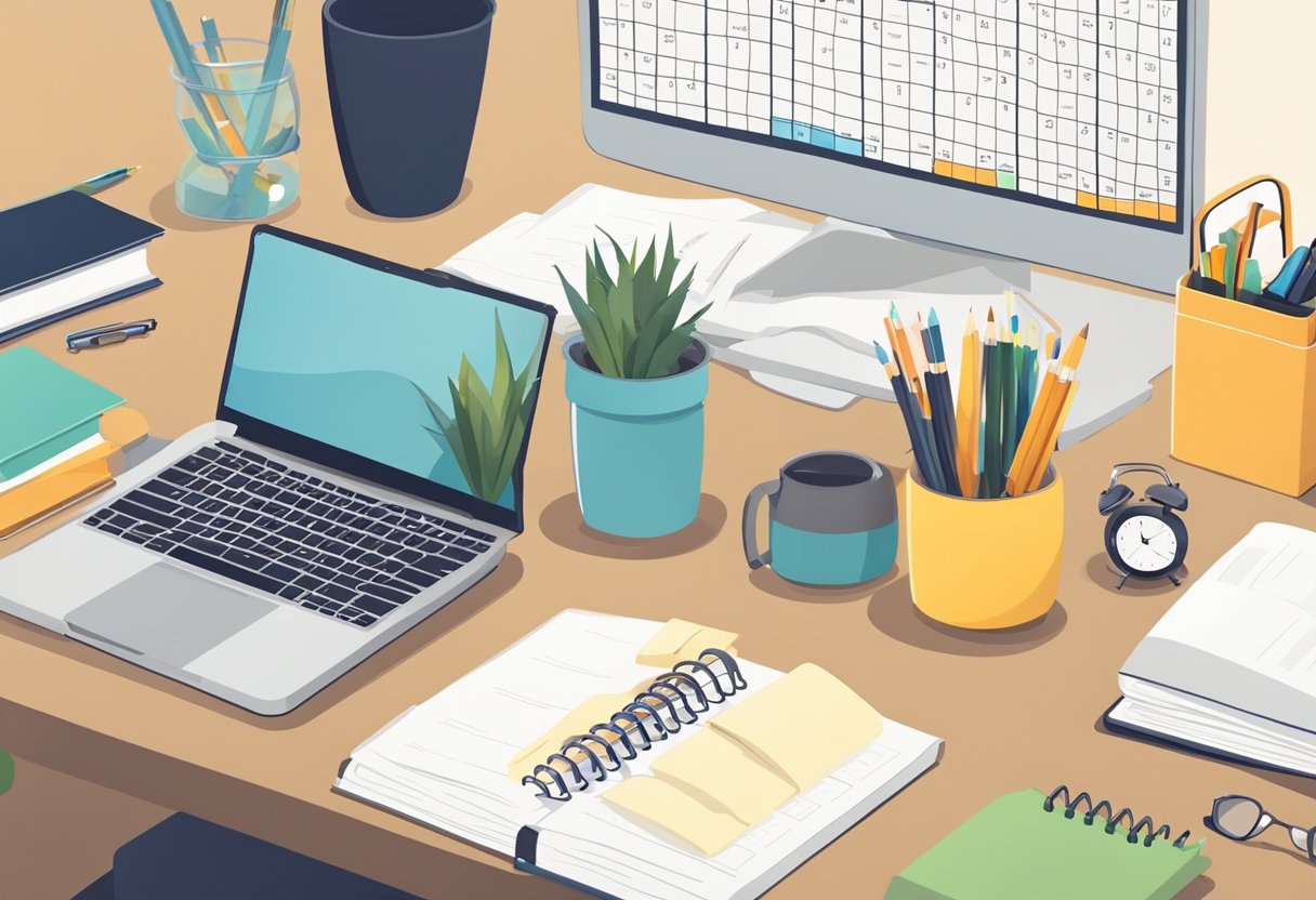 A clutter-free desk with a calendar, planner, and clock. Books neatly organized. A student studying diligently. A sense of calm and order