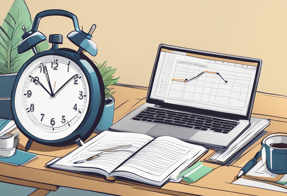A clock ticking on a desk, with a planner open to a schedule. Books and a laptop nearby. A graph showing academic improvement over time