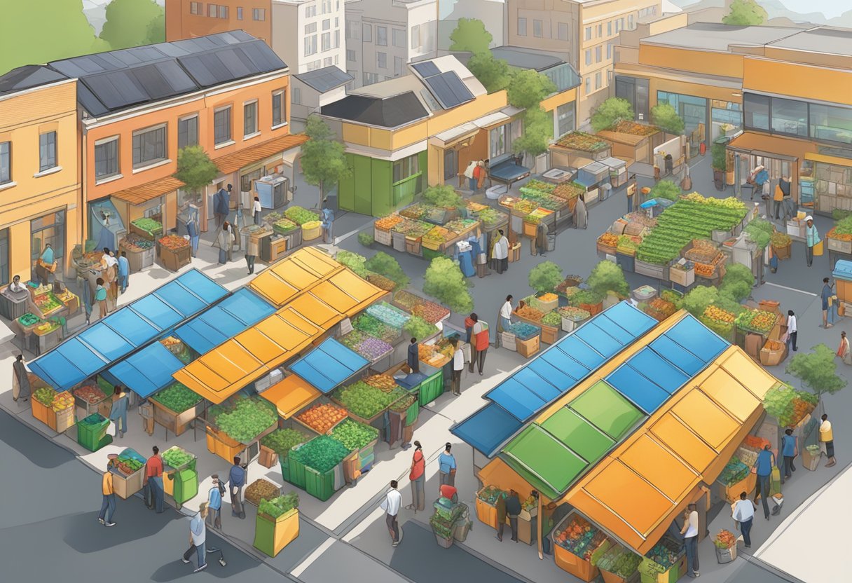 Green Businesses: How to Support Sustainable Start-Ups Green Businesses,Start-Up,Sustainable LearningMole A bustling market with solar panels on rooftops, recycling bins, and people using reusable bags and containers