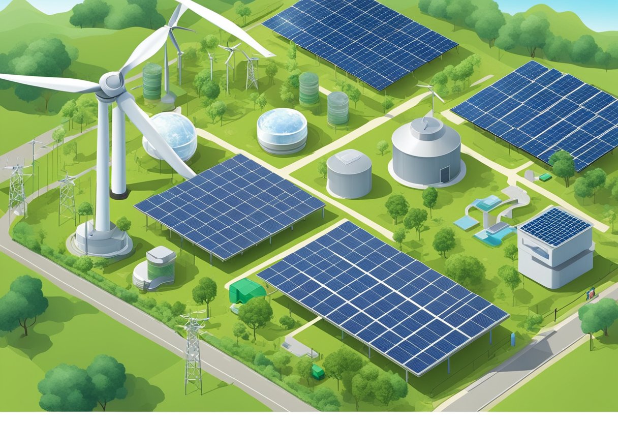 Green Businesses: How to Support Sustainable Start-Ups Green Businesses,Start-Up,Sustainable LearningMole A lush green landscape with solar panels, wind turbines, and recycling facilities, showcasing eco-friendly businesses