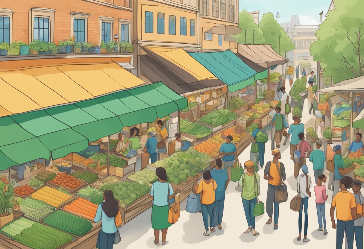 Green Businesses: How to Support Sustainable Start-Ups Green Businesses,Start-Up,Sustainable LearningMole A bustling marketplace with vendors selling eco-friendly products, customers engaging in conversations about sustainable practices, and signs promoting green initiatives