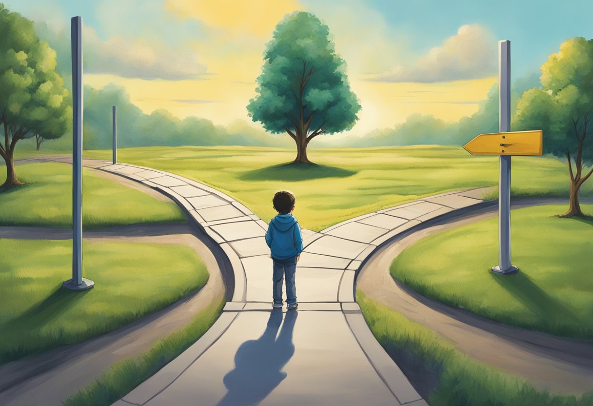 A child stands at a crossroads, with one path leading to a safe and familiar environment, and the other path leading to a risky but potentially rewarding opportunity. The child weighs the options, contemplating the potential outcomes of each decision