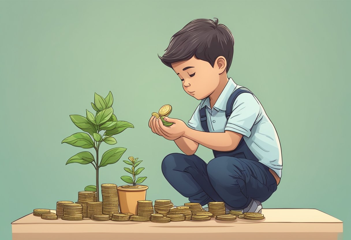 A child weighs a stack of coins in one hand while holding a small plant in the other, contemplating a business decision