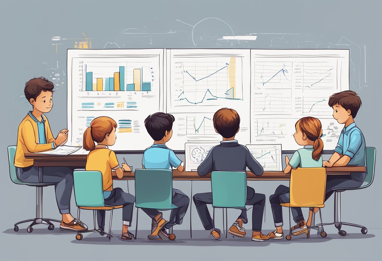 A group of children brainstorming ideas, weighing the pros and cons, and taking calculated risks in a business setting