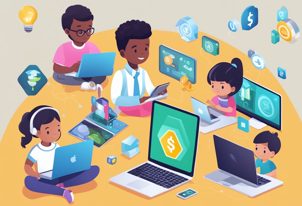 Children engaging with digital devices and financial education materials, surrounded by symbols of entrepreneurship and technology