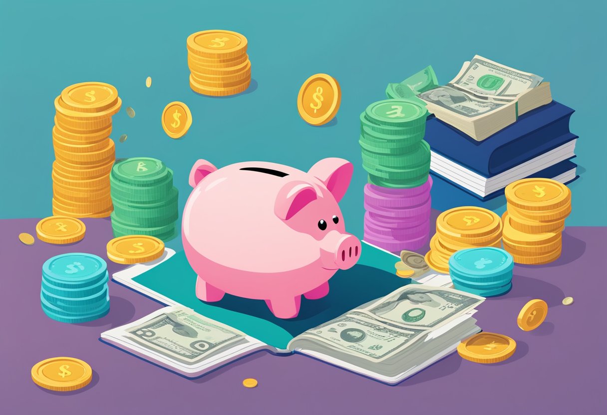 A piggy bank sits on a desk, surrounded by colorful coins and bills. A book titled "Money Management for the Young" lies open nearby
