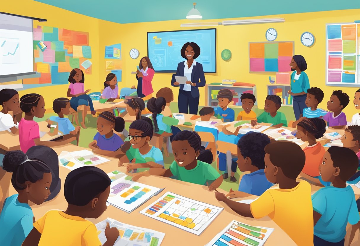 Children eagerly gather around a colorful, interactive financial literacy workshop. They engage in hands-on activities, learning the basics of entrepreneurship and the importance of giving back to their community