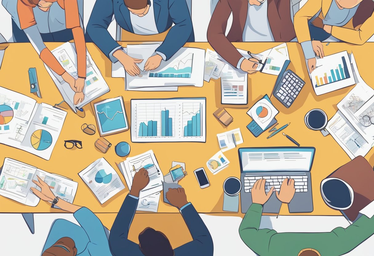 A group of young people gather around a table, discussing financial planning and entrepreneurship. Charts and graphs are spread out, and books on financial literacy are visible
