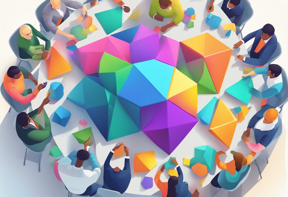 Entrepreneurial Games and Apps for Engaging Young Minds Entrepreneurial Games,entrepreneurship LearningMole A group of diverse shapes and colors work together to solve challenges in a vibrant digital world, showcasing collaboration and teamwork in entrepreneurial games