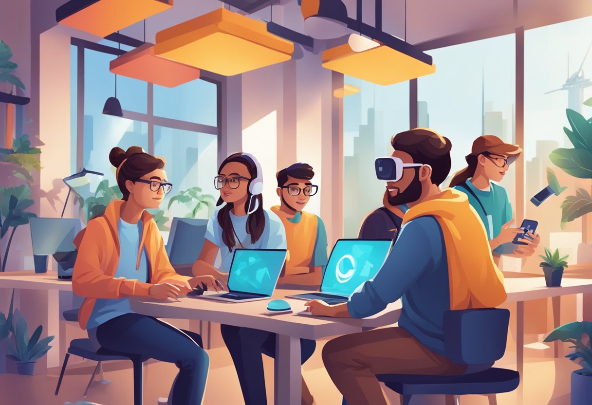 Entrepreneurial Games and Apps for Engaging Young Minds Entrepreneurial Games,entrepreneurship LearningMole A group of young minds engage with digital games and apps, exploring entrepreneurship in the digital age. The scene is filled with energy and excitement as they work together to solve challenges and build innovative solutions