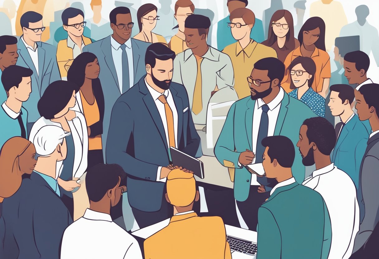 A group of professionals engage in networking activities, while a mentor guides a young entrepreneur, symbolizing the importance of mentorship in professional growth
