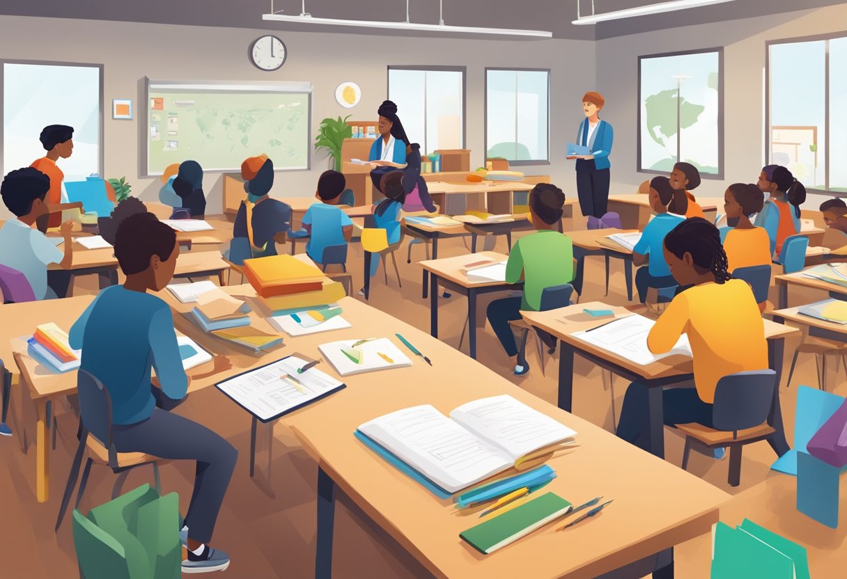 A classroom with diverse materials and tools for hands-on learning, surrounded by eager students and engaged teachers, representing the dynamic nature of an entrepreneurial curriculum
