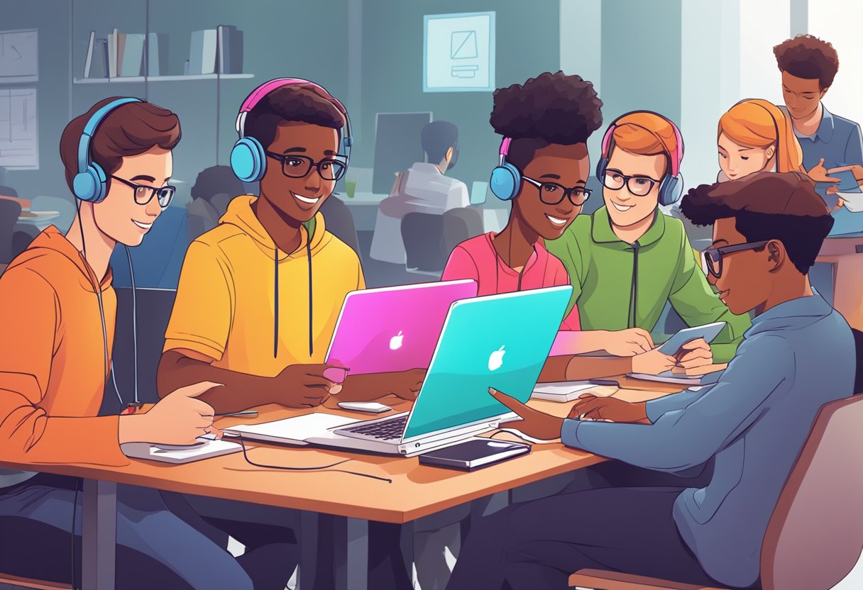 A group of young learners surrounded by technology, engaged in interactive Entrepreneurship Education