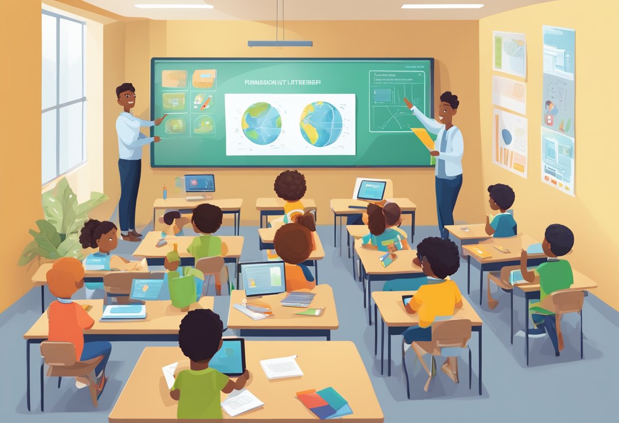 A classroom with diverse technology tools and young learners engaged in interactive activities, showcasing the importance of personality traits and leadership in teaching entrepreneurship