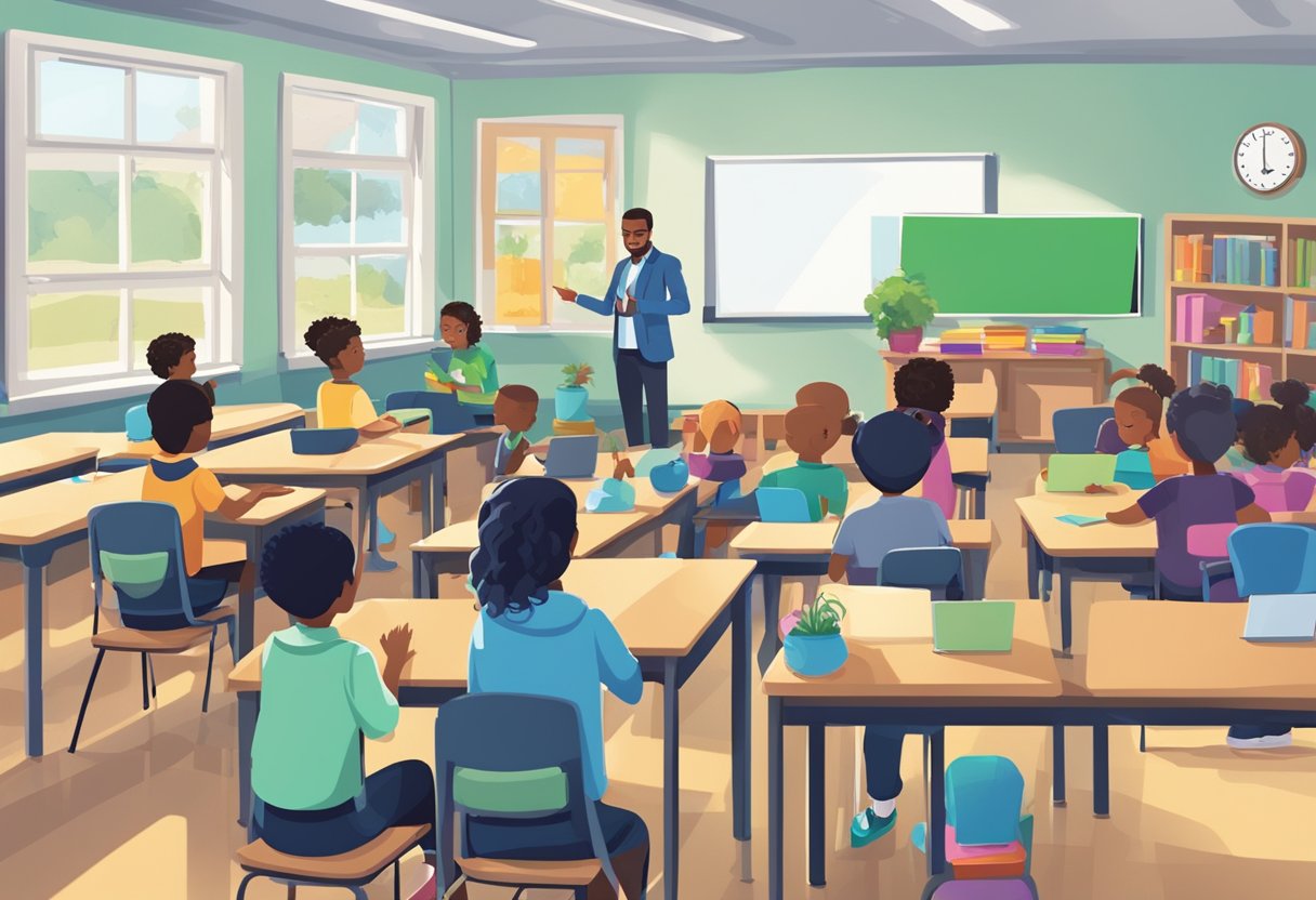 A classroom setting with children using tablets and laptops to learn about entrepreneurship. A teacher is guiding them through a series of interactive activities and discussions