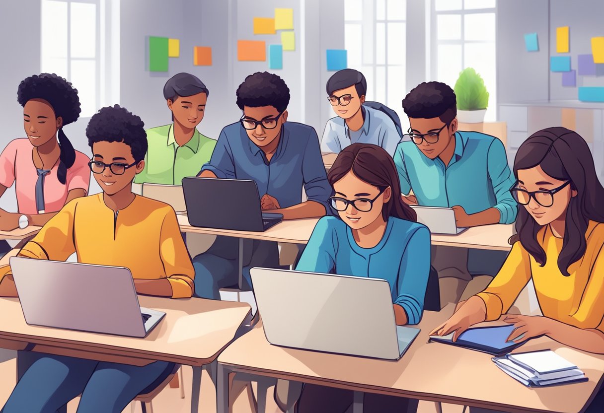A group of young learners engage with interactive technology, simulating entrepreneurship scenarios in a dynamic learning environment