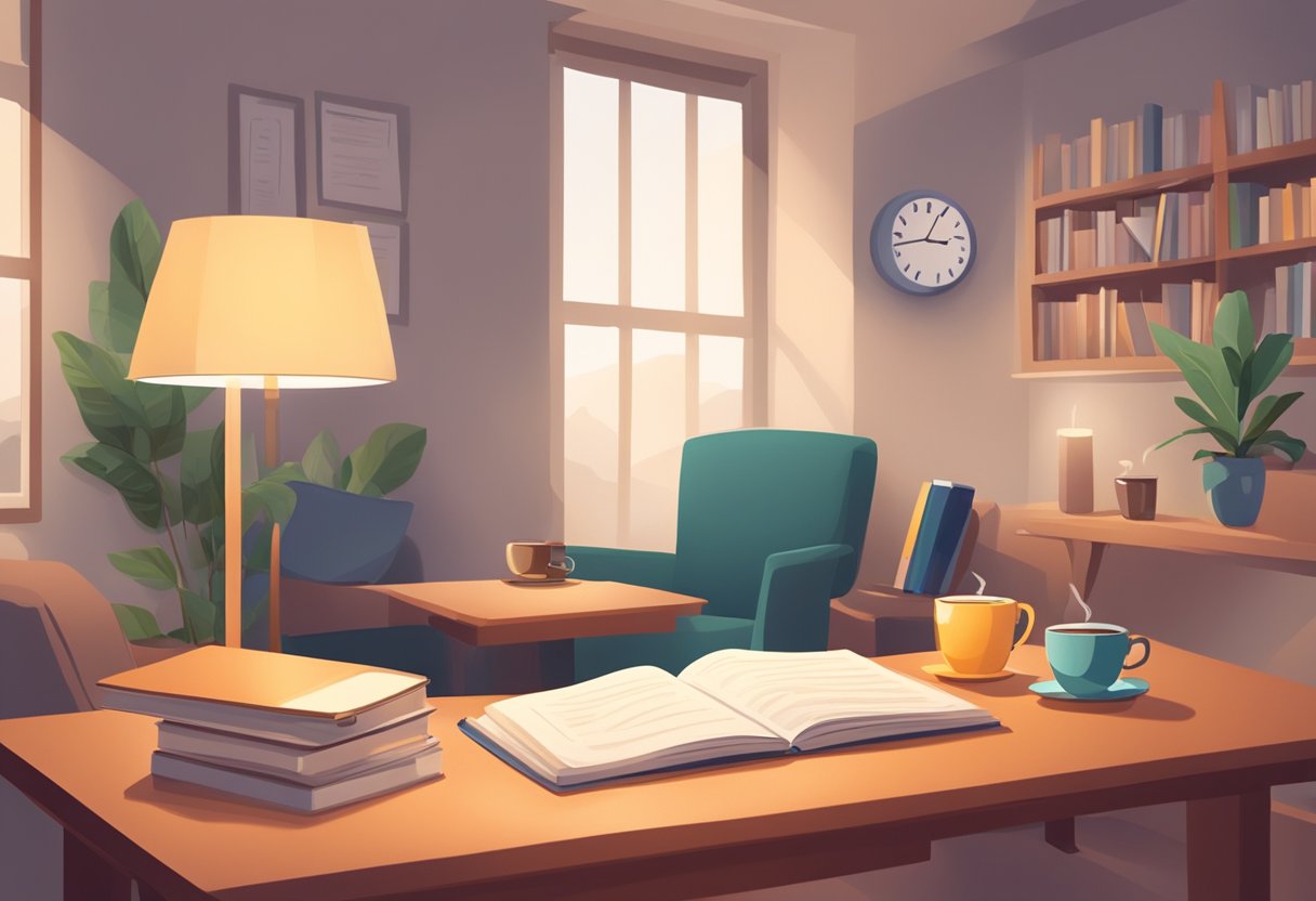 A cozy study space with soft lighting, comfortable seating, and a variety of learning materials. A clock on the wall shows the passage of time, while a cup of tea sits nearby for a refreshing break