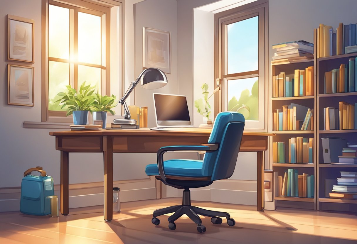 A desk with books, a timer, and water bottle. Bright light illuminates the area. Quiet surroundings with a comfortable chair