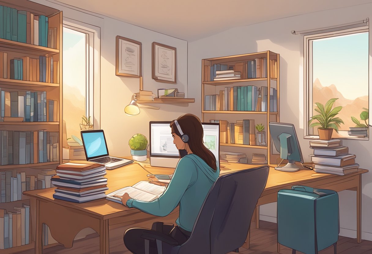 A student sitting at a desk with a laptop and notebook, surrounded by books and a timer. The room is well-lit and organized, with a comfortable chair and a glass of water nearby