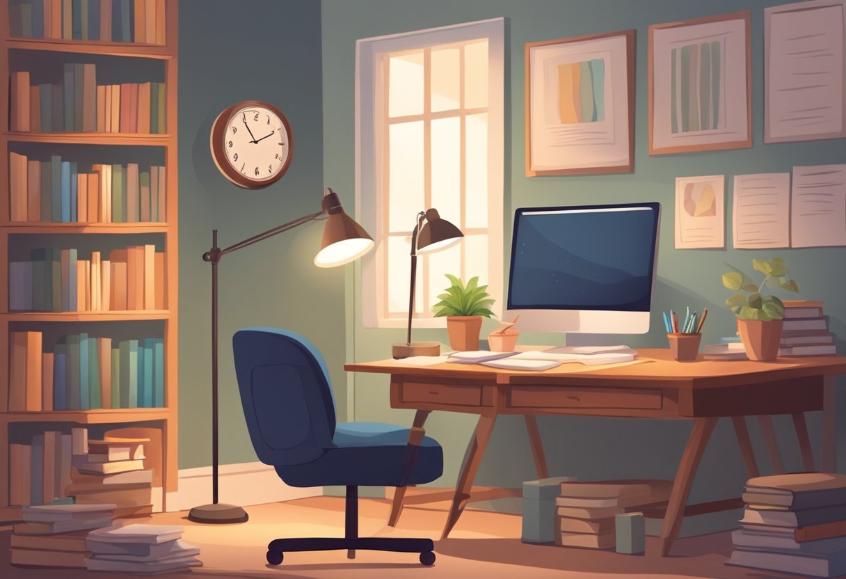A cozy study area with books, a desk, and a comfortable chair. Soft lighting and a calming atmosphere. A clock on the wall showing a long study session