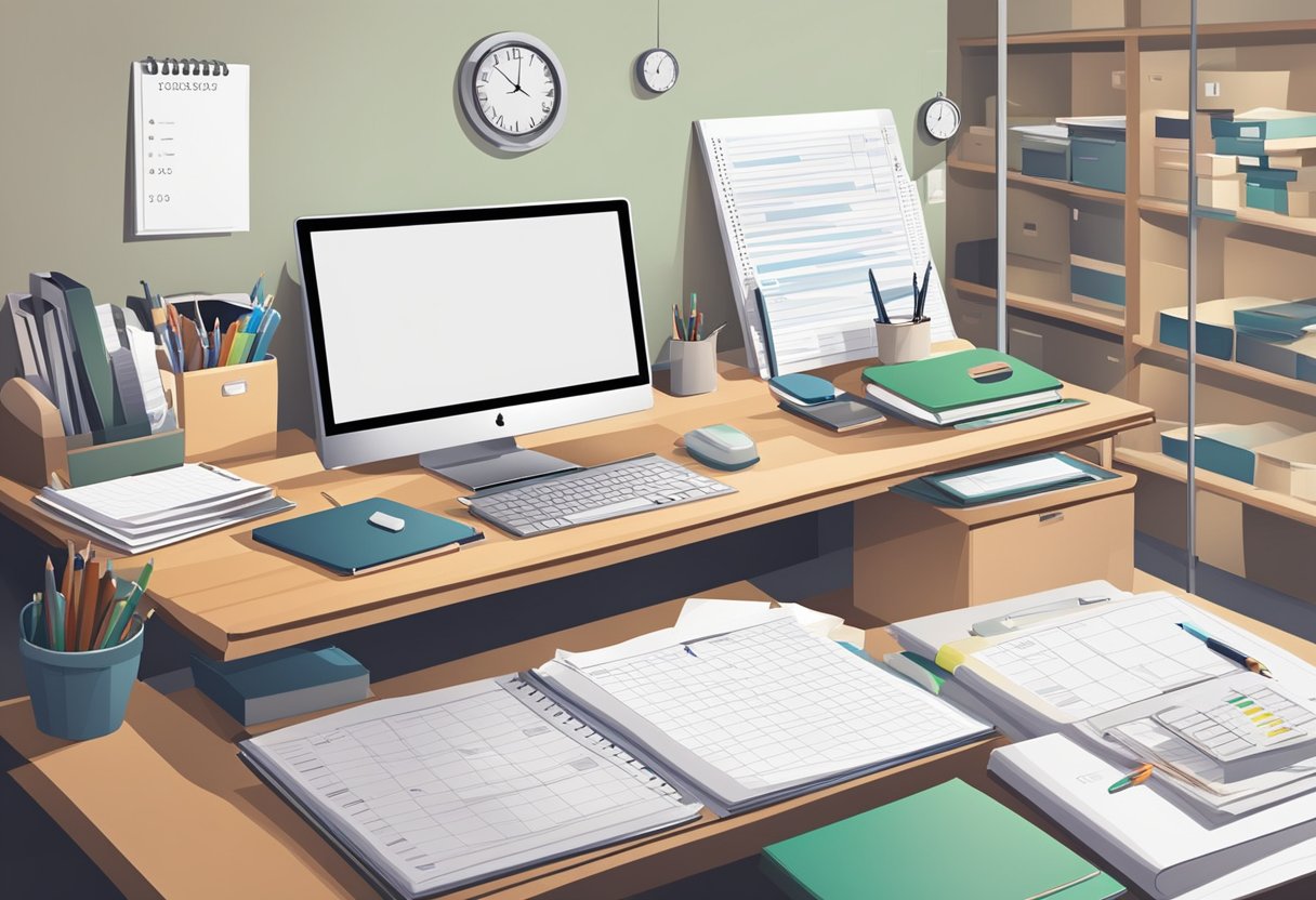 A desk with a computer, notebook, and pen. Papers are organized in piles. A calendar on the wall. A clock showing a deadline