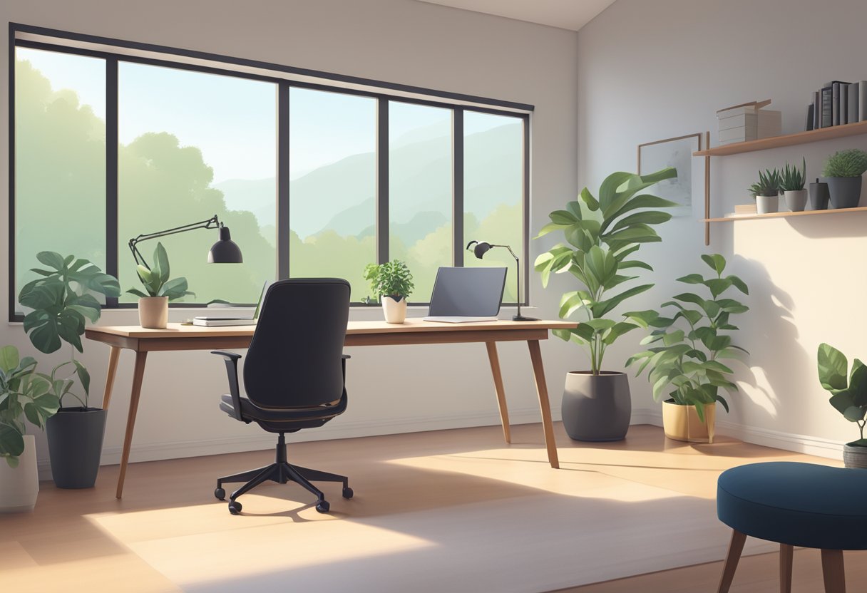 A well-lit, organized desk with ergonomic chair, a plant, and minimal clutter in a quiet room with natural light and a view of nature