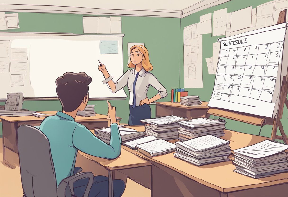 Incorporating Time Management into Curriculum: Strategies to Boost Educators Time Management LearningMole A cluttered desk with a calendar, clock, and to-do list. A student surrounded by books, staring at a blank page. A teacher pointing to a schedule on the whiteboard