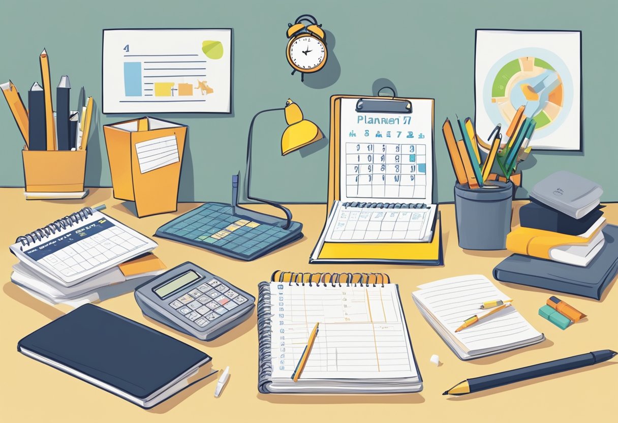 A cluttered desk with a calendar, planner, and clock. A parent and teacher collaborate, discussing strategies to enhance student time management