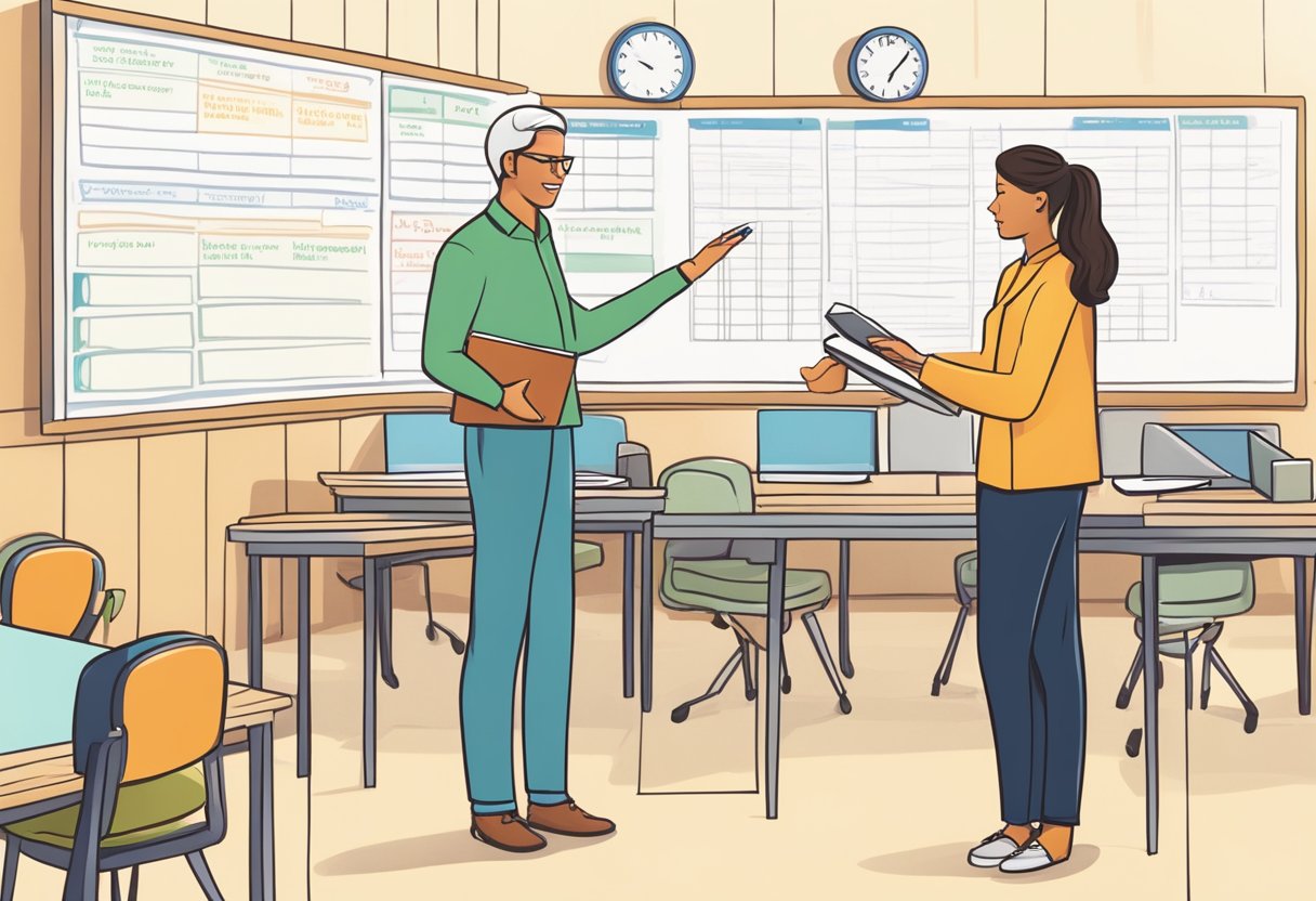 A parent and a teacher stand side by side, coordinating schedules and discussing strategies to boost student time management