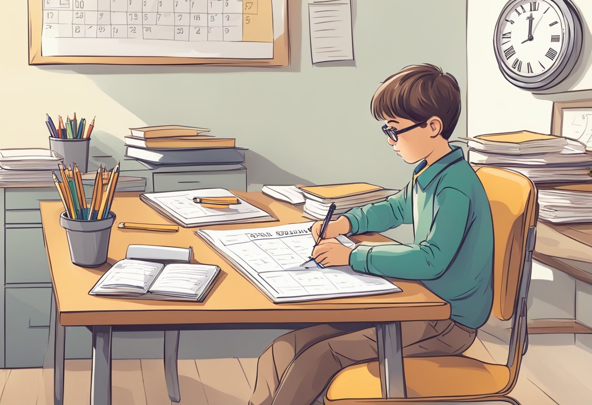 A desk with a calendar, clock, and notebook. A child writing deadlines and crossing them off. Set Deadlines