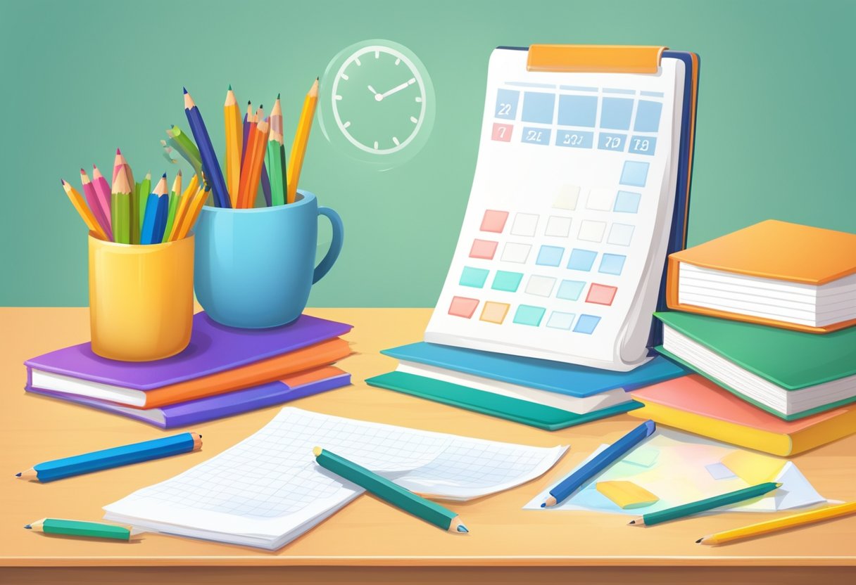 A child's desk with a calendar, clock, and to-do list. A pencil marks a deadline. Books and school supplies are neatly organized