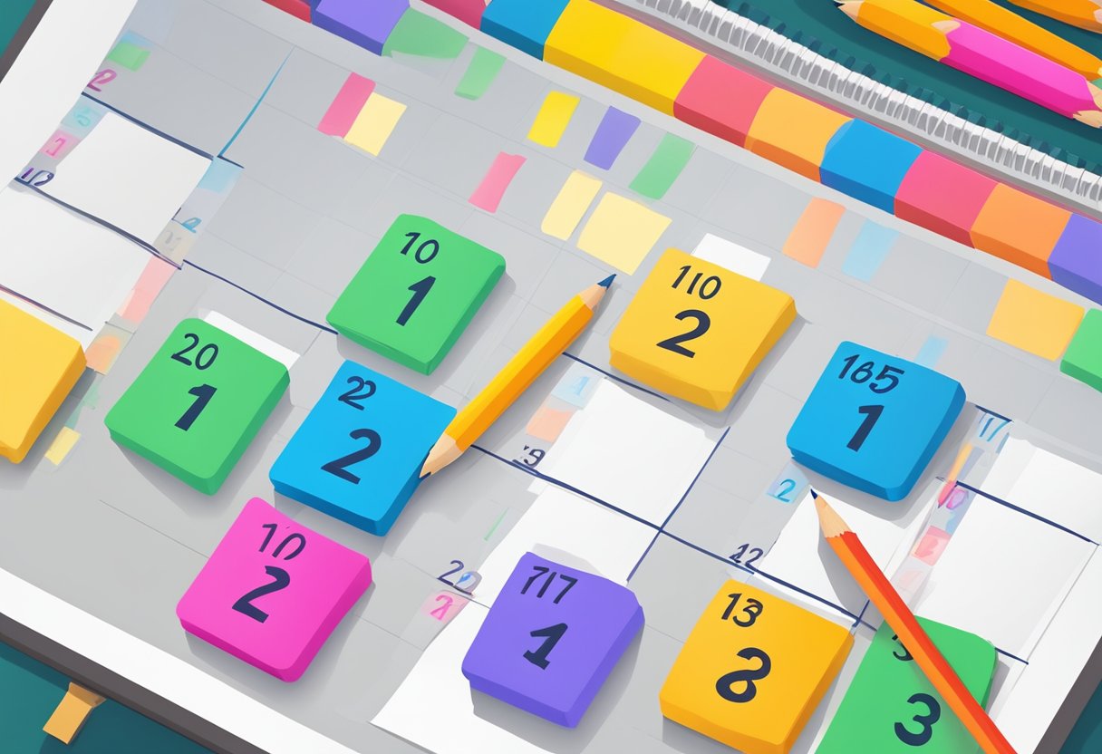 A colorful calendar and clock sit on a desk, surrounded by pencils and paper. The calendar is marked with important dates, while the clock's hands point to a specific time
