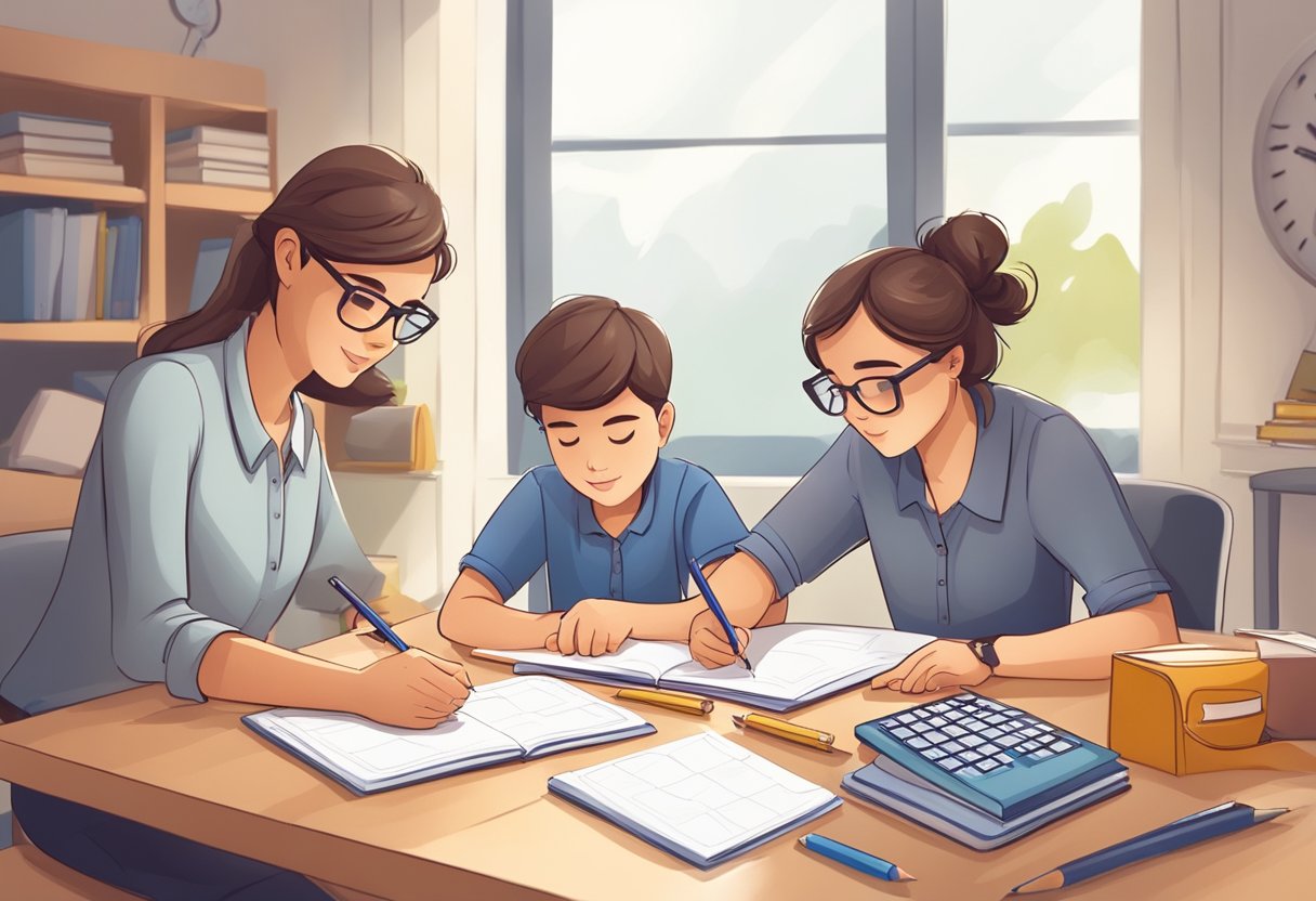 A desk with a calendar, planner, and clock. A child writing deadlines in a notebook, with a parent or teacher guiding them