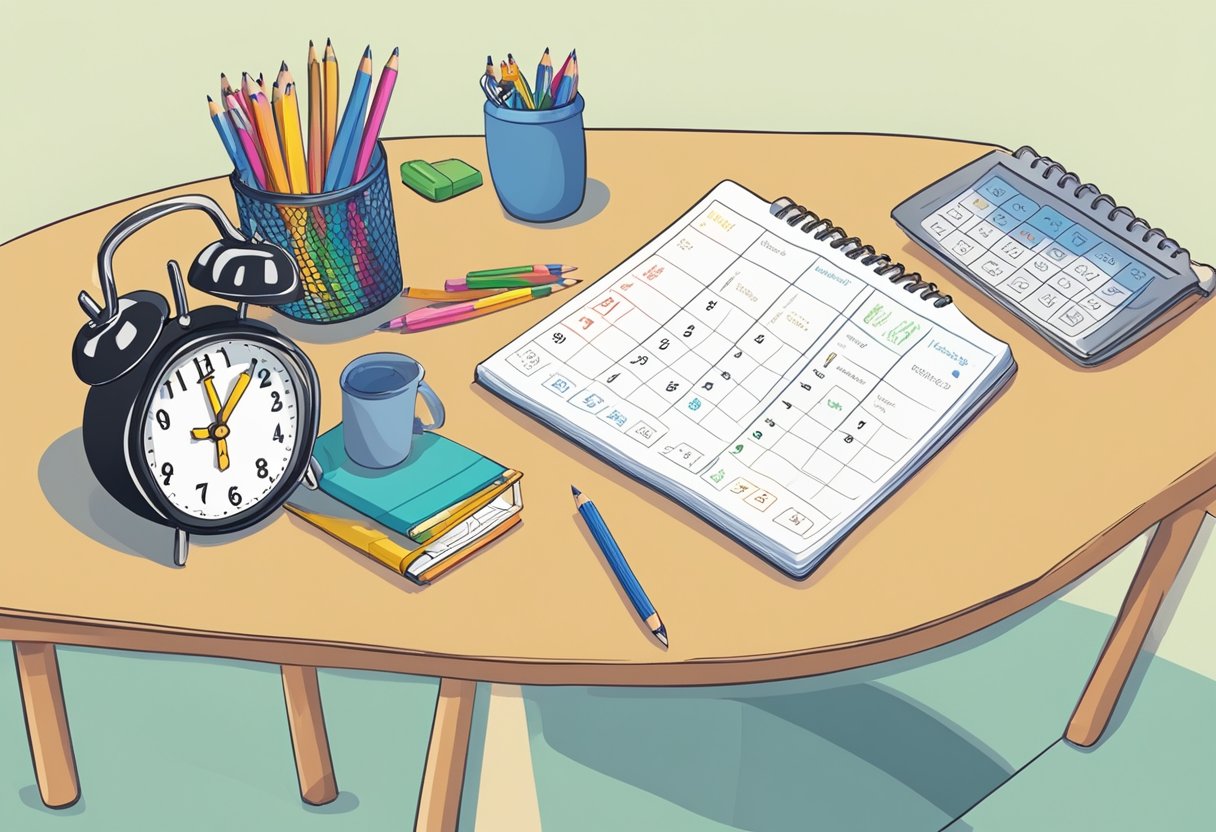 A child's desk with a calendar, clock, and notebook. The calendar shows a deadline, the clock is ticking, and the notebook is open with a pencil ready to write