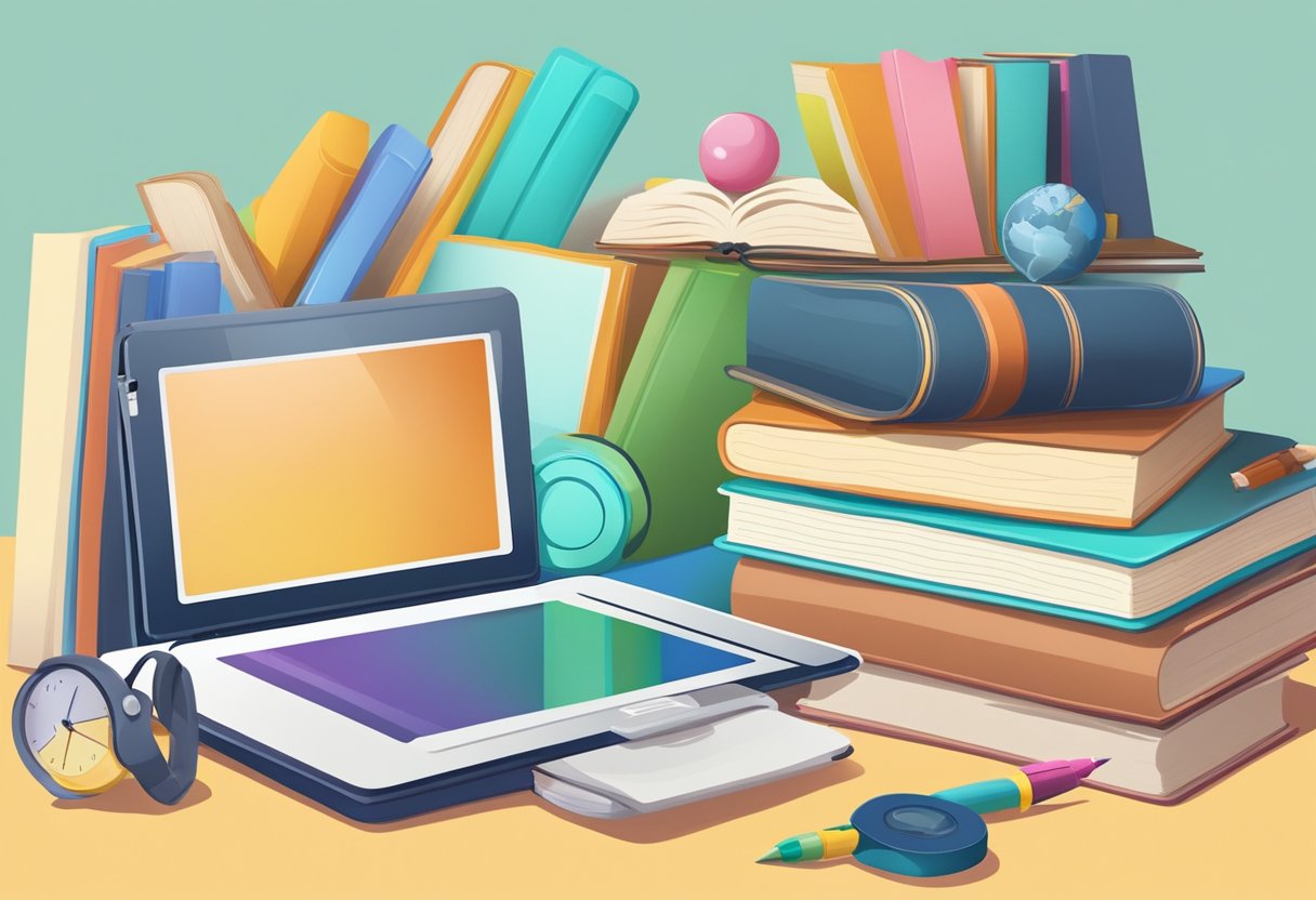 Children's books and educational materials surround a tablet and a stack of books, symbolizing the balance between screen time and traditional learning
