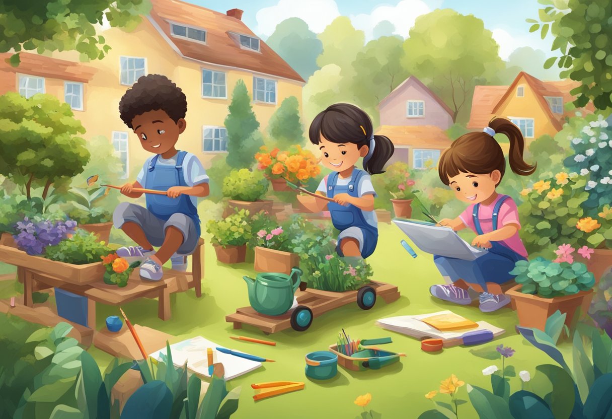 Children engaged in a variety of activities, such as painting, coding, and gardening, while balancing their leisure time and study