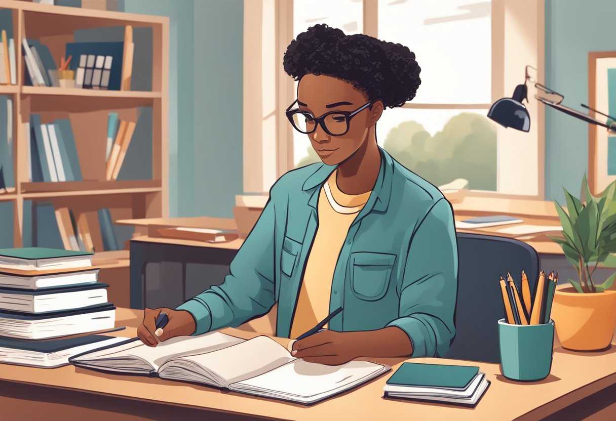 A young student sits at a desk, organizing their study materials and using a planner to schedule their assignments. A teacher stands nearby, offering guidance and support