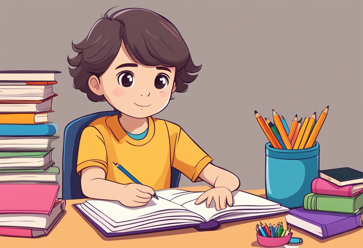 A child sits at a desk, surrounded by books and school supplies. They are engaged in studying, with a focused expression and a notebook open in front of them