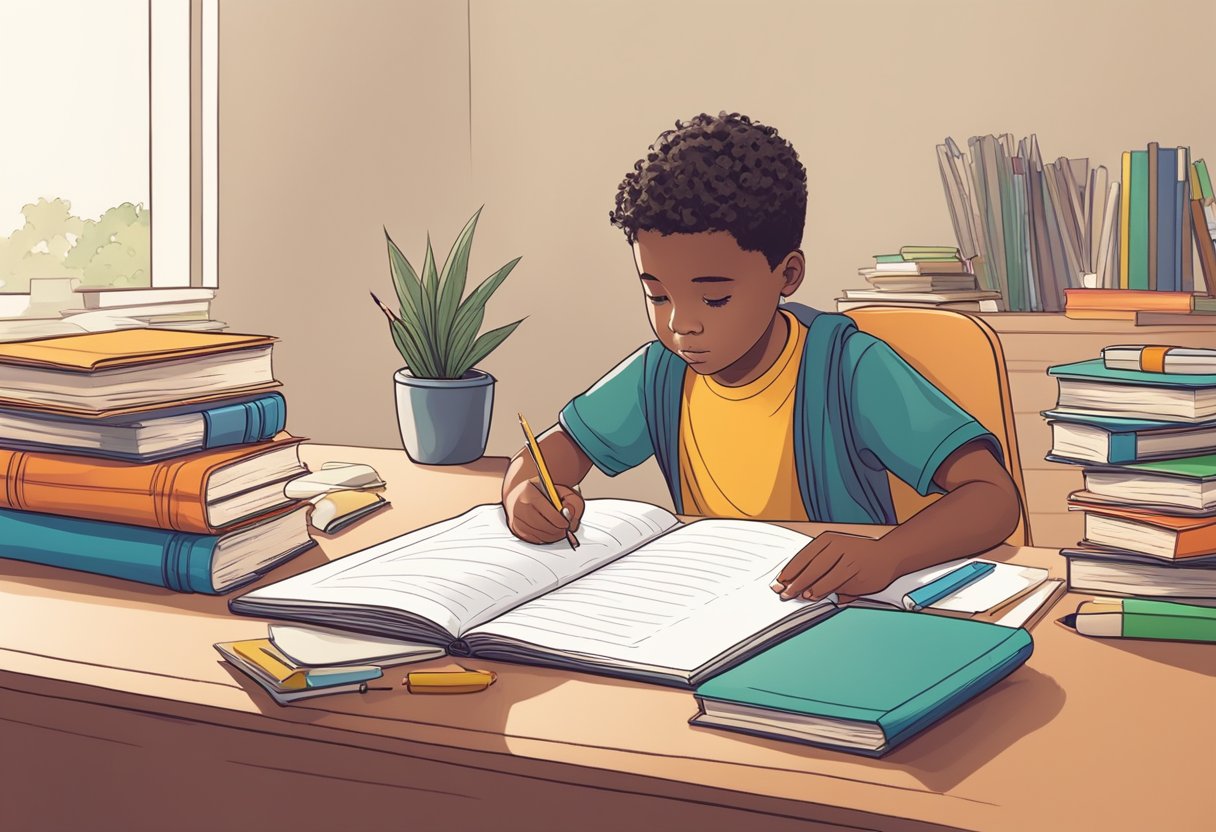 A young child sits at a desk, surrounded by books and school supplies. They are focused and engaged as they practice study skills with the guidance of a parent or teacher