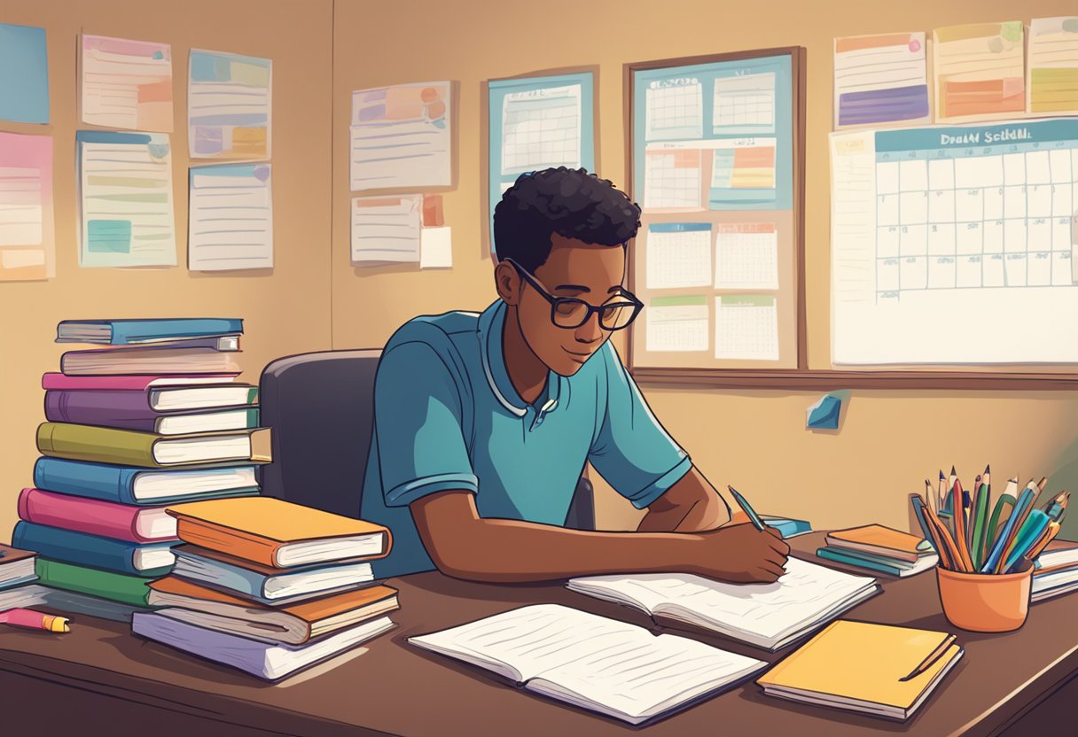 A student sits at a desk, surrounded by books and school supplies. A calendar on the wall shows a daily schedule. The scene depicts the importance of routine and early study skills for academic success