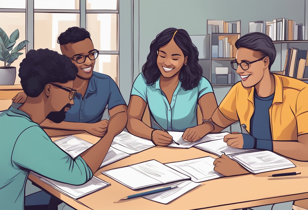 A group of diverse individuals engage in a collaborative activity, sharing ideas and working together to achieve a common goal