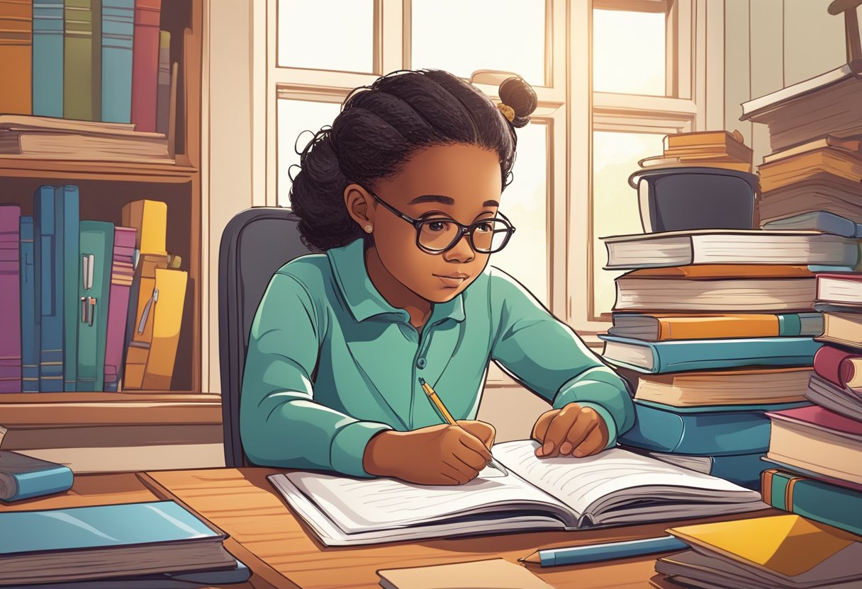 A child sits at a desk, surrounded by books and school supplies. They look focused and determined as they practice study skills with the guidance of a supportive adult figure