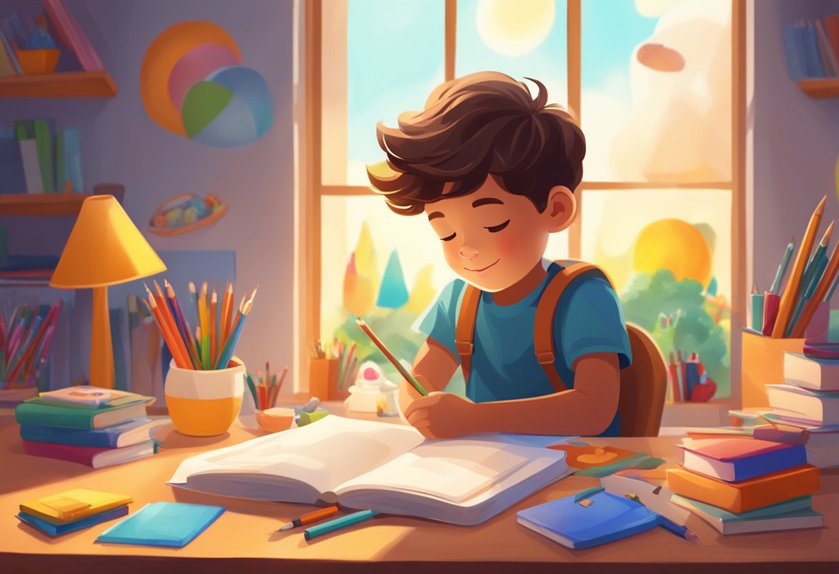 A child sits at a desk with a tablet and a book, surrounded by toys and art supplies. The sun shines through the window, Educational Technology