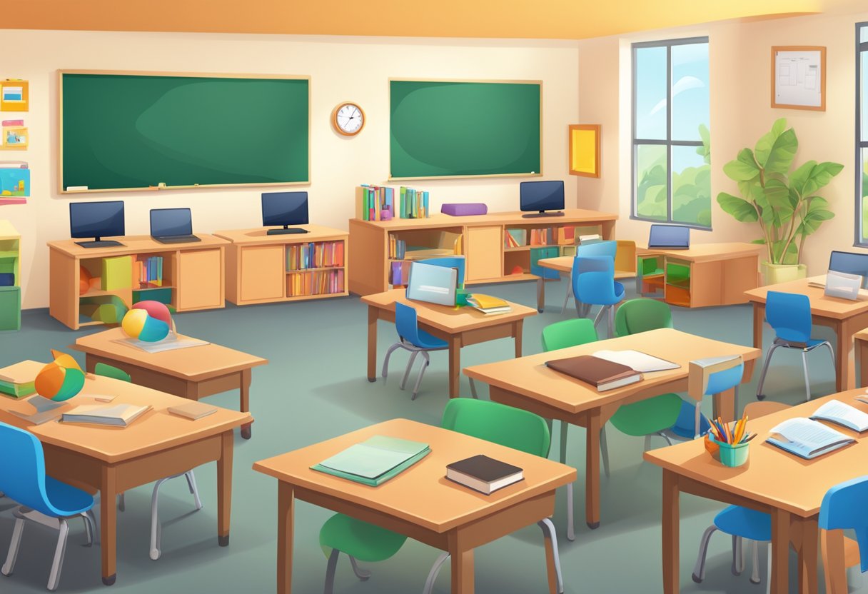 A diverse classroom setting with various learning materials and interactive teaching methods to accommodate different learning styles