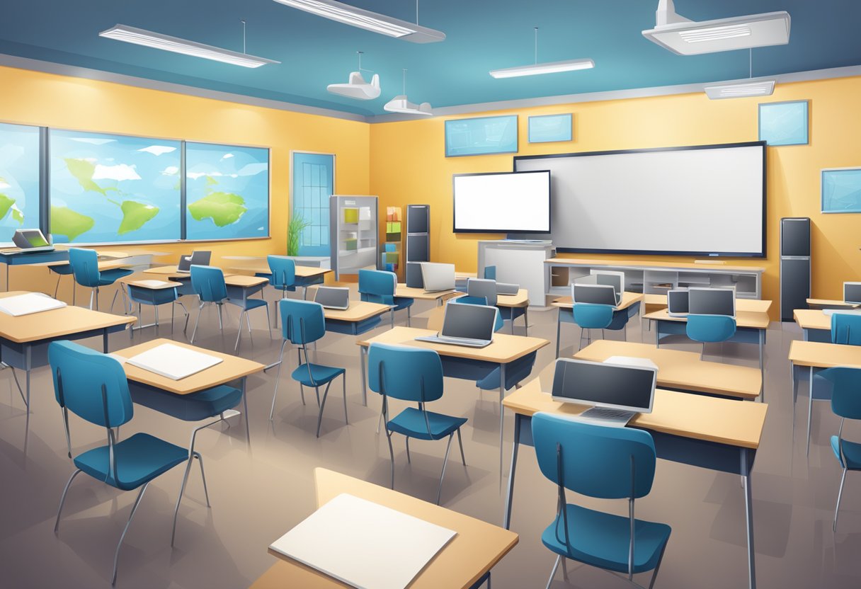 A classroom with various technology devices, such as laptops, tablets, and interactive whiteboards, integrated into the Educational Technology