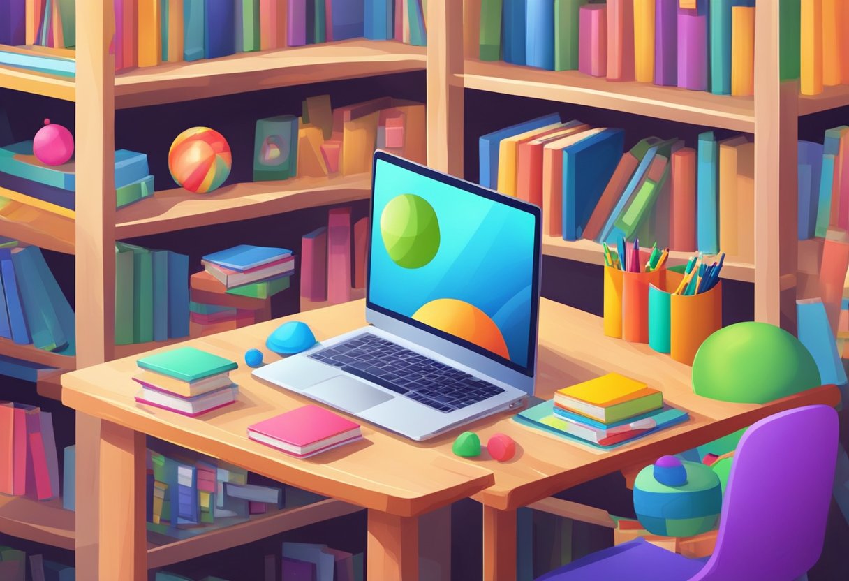 A child-friendly table with a laptop, tablet, and Educational Technology. A bookshelf filled with colorful books. A bright, organized study space