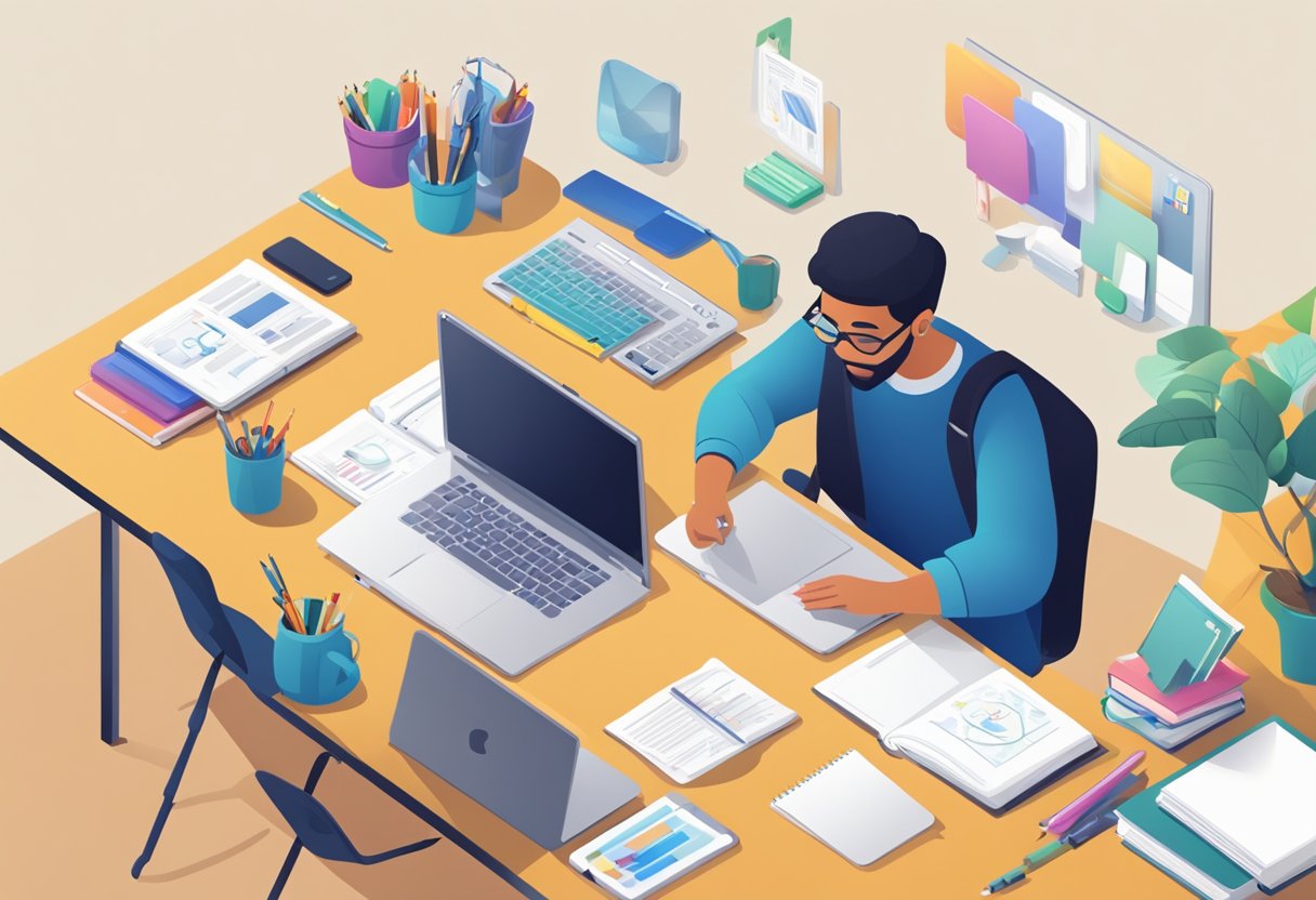 Interactive Tools and Apps for Engaging Test Prep Interactive Tool,Test prep LearningMole A student sits at a desk surrounded by interactive tools and apps for test prep. A laptop, tablet, and study materials are scattered around, with the student engaged in using the tools