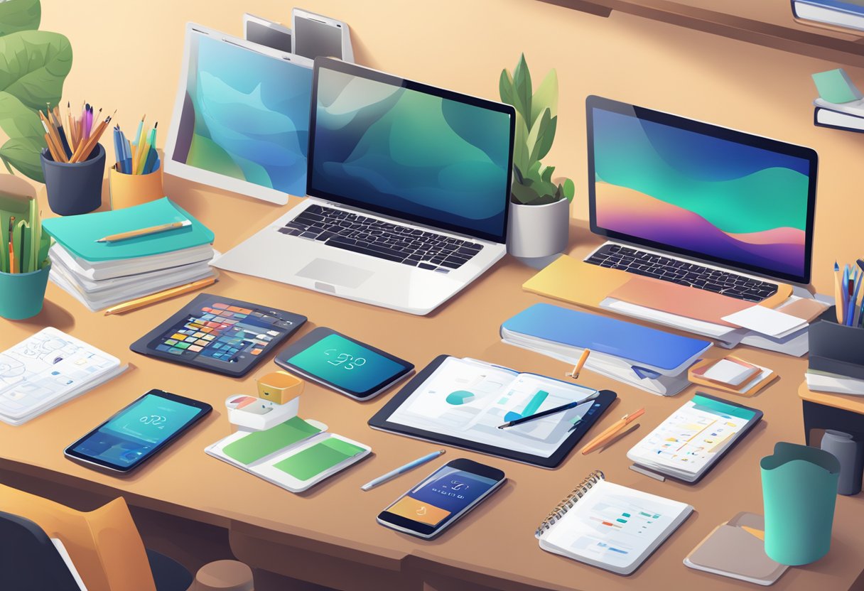 A variety of digital devices and apps surround a desk, including tablets, laptops, and smartphones. A student's desk is cluttered with study materials, and a digital calendar and note-taking app are open on the screen