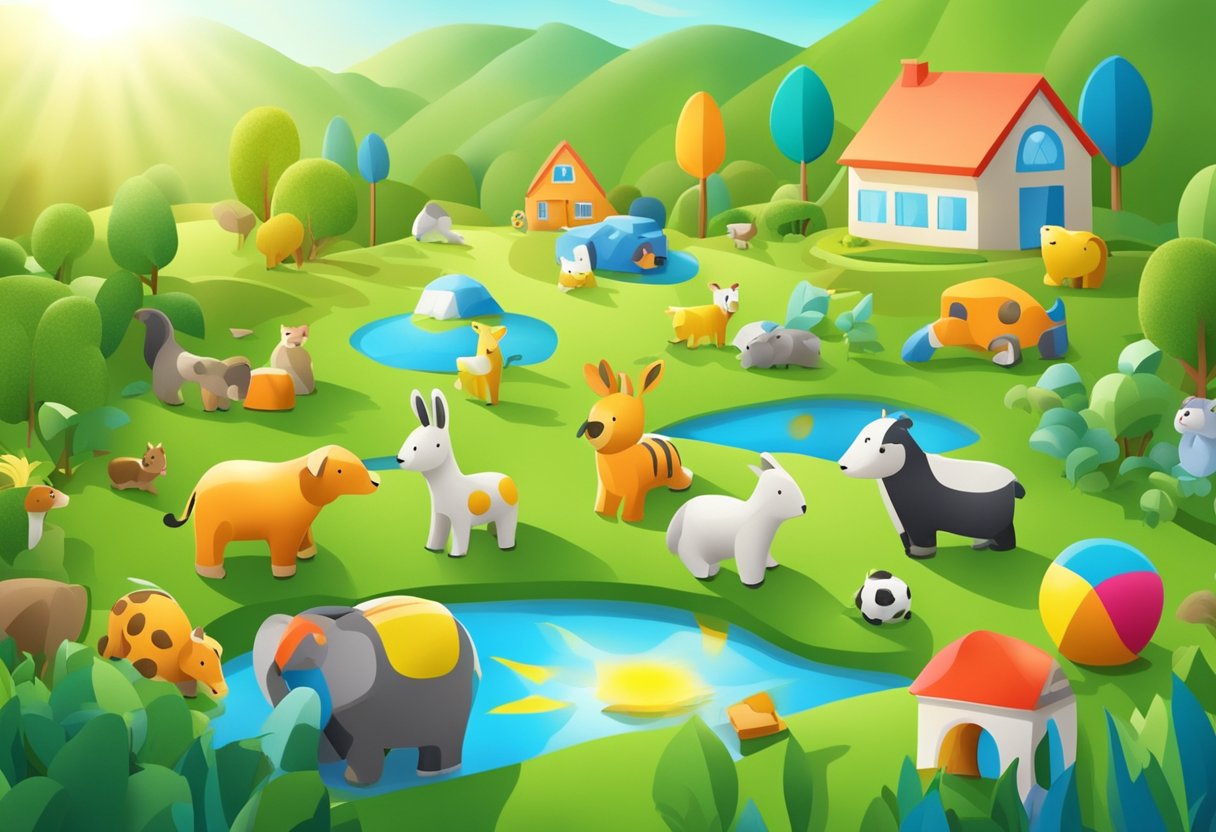 Colorful eco-friendly toys arranged on a lush green landscape with educational elements like books and puzzles. The sun shines down, and happy animals roam nearby